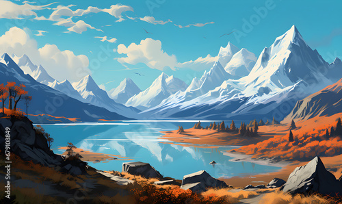 Patagonia scenery in Argentina and Chile South America in illustrations, presentation images, travel image ideas, tourism promotion, postcards, generative AI