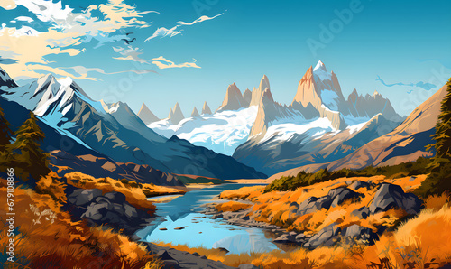 Patagonia scenery in Argentina and Chile South America in illustrations, presentation images, travel image ideas, tourism promotion, postcards, generative AI