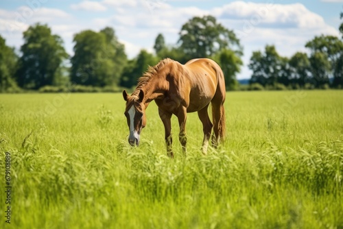 horse grazing in an grassy open field