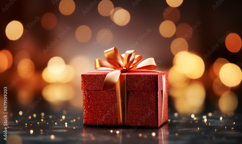 Green Christmas gift box with ribbon and bow bokeh background Green Christmas gift box with ribbon and bow bokeh background