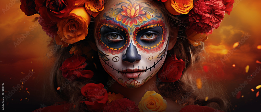 Cultural Elegance: Little Girl Dressed in Day of the Dead Splendor with Flowers