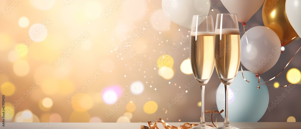 Sylvesterzauber: Champagnergläser in festlicher Atmosphäre mit Konfetti und Luftschlangen - obrazy, fototapety, plakaty 