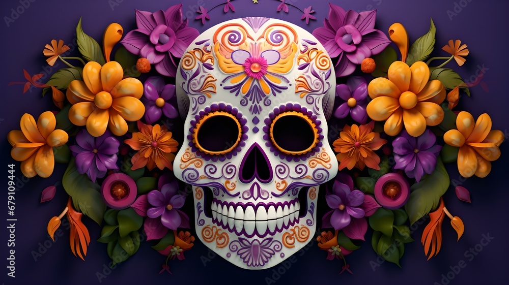 Bunte Totenköpfe: Mexikanische Tradition mit farbenfrohen Blumenakzenten