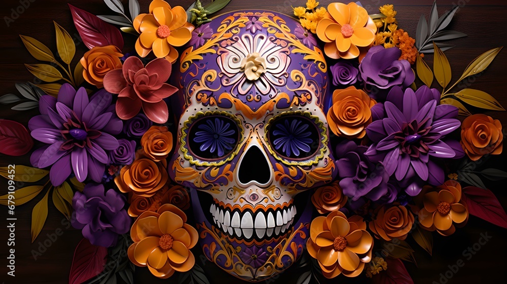 Lebendige Tradition: Bunte Totenschädel mit kunstvollen Blumenarrangements