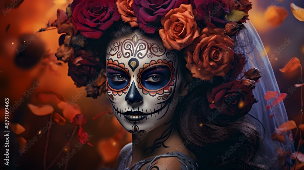 Skull Spectacle: Young Woman Showcasing Dia de los Muertos Aesthetics