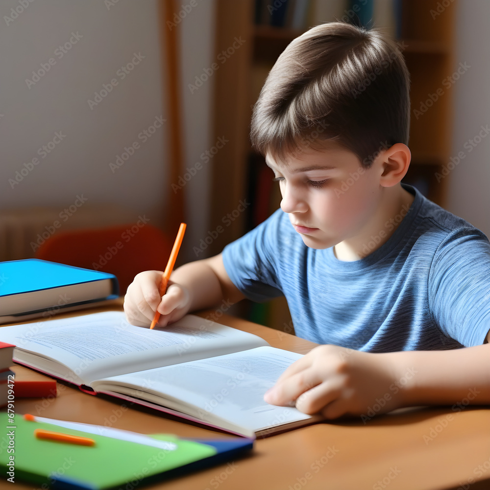 Concentrated child doing his homework at home. The boy struggles to read a book. Education, school, learning disability, reading difficulties, dyslexia concept
Concentrated child doing his homework at home. The boy struggles to read a book. Education, school, learning disability, reading difficulties, dyslexia concept