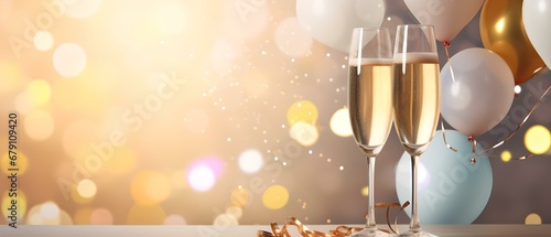 Sylvesterzauber: Champagnergläser in festlicher Atmosphäre mit Konfetti und Luftschlangen photo