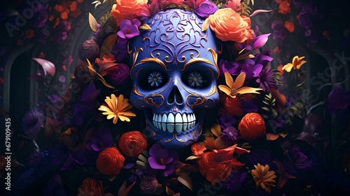 Petals of Memory: Colorful Skull Decorated with Lush Floral Display