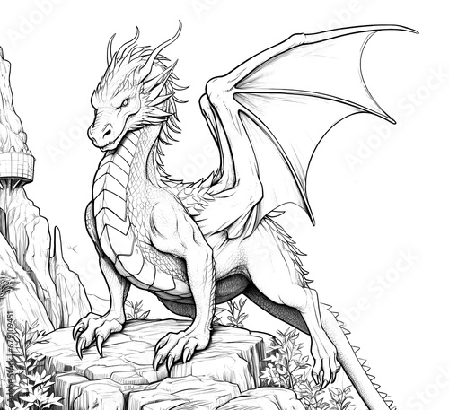 Adult coloring book page with beautiful dragon on white background photo