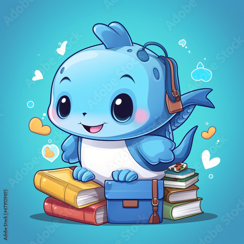Cute whale animal student character with school