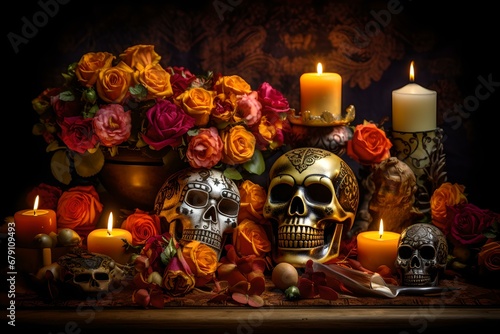 Farbenfrohe Totenschädel: Mexikanische Tradition des Tags der Toten mit Blumen