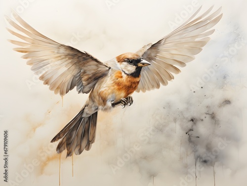 Graceful Flight: Low-Angle Nature Studies of Sparrows in Watercolor