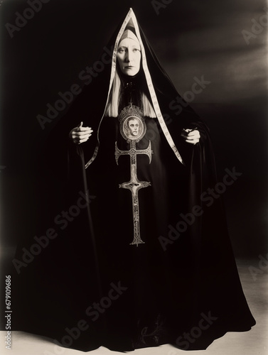 reaper with a broom, gothic dark Monk, women gothic strange freaks photo