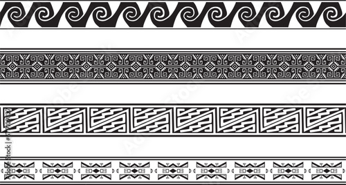 Vector set of seamless monochrome national native american ornaments. Endless ethnic black borders, frames of the peoples of America, Aztec, Maya, Incas. For sandblasting, plotter and laser cutting..