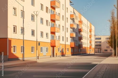 view of an urban cityscape residential modern house apartment buildings from sidewalk on streets