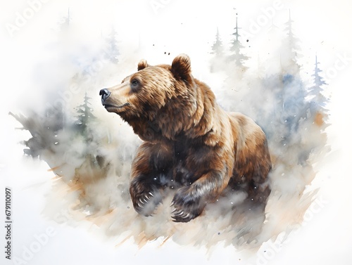 Low-Angle Elegance: Watercolor Grizzly in Flight