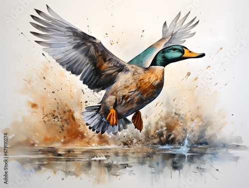 Elegant Watercolor: Airborne Mallard with Clever Composition photo