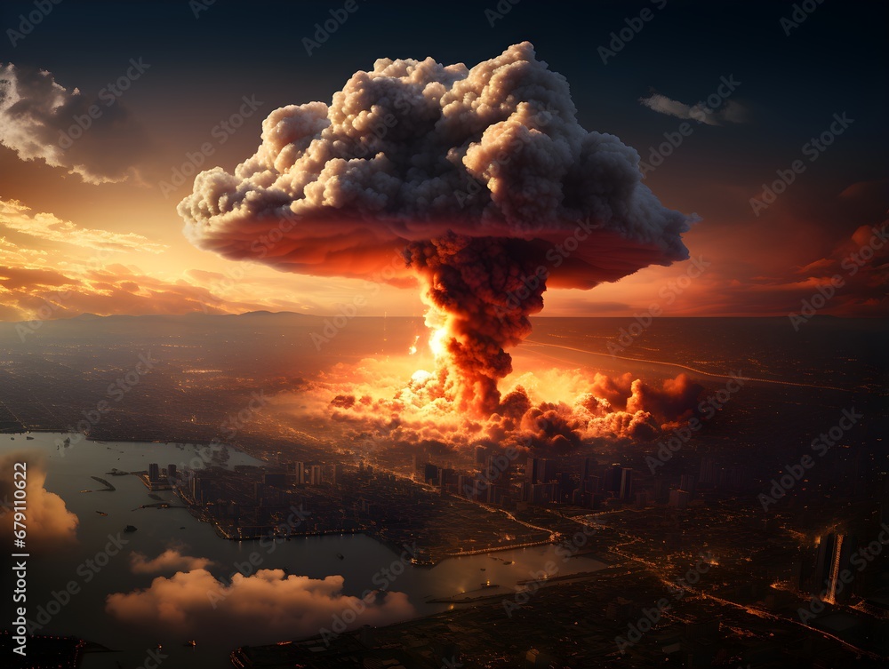 A mushroom cloud from an atomic bomb, depicting destroyed cities and a planet in apocalypse, symbolizing human extinction, war, and the threat of a third world war