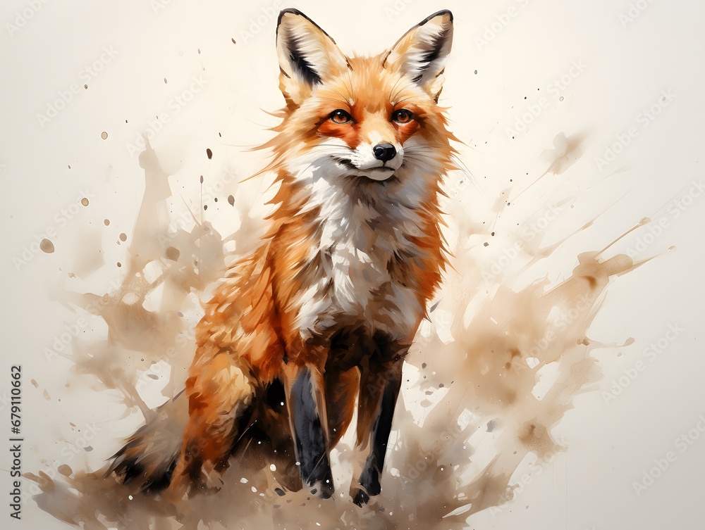Obraz premium Juxtaposed Beauty: Thoughtful Red Fox in Low-Angle Watercolor Portrait