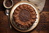 Top view of round baked chocolate cake decorated with chocolate curls. Generative AI