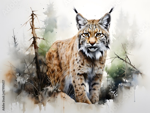 Serene Bobcat: White Background Watercolor Art