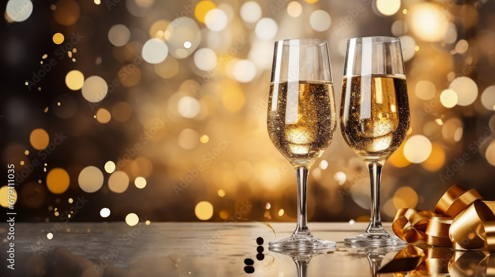 Champagne for Christmas and New Year eve celebration holidays background with copy space for text - obrazy, fototapety, plakaty 