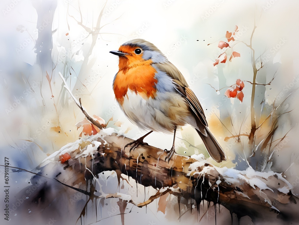 Fototapeta premium Enchanting European Robin: Captivating Woodland Creature in Watercolor