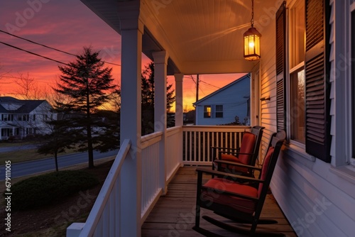 front porch of a cape cod home lit by sunset
