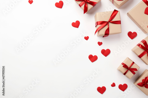 Gifts and hearts on white background, top view. Valentines day concept . Generative AI © barmaleeva