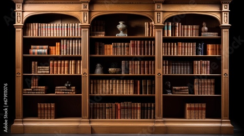Image showcasing a traditional oak wood bookcase filled with a variety of hardcover books, providing an elegant and intellectual backdrop suitable for virtual meetings and video conferencing photo