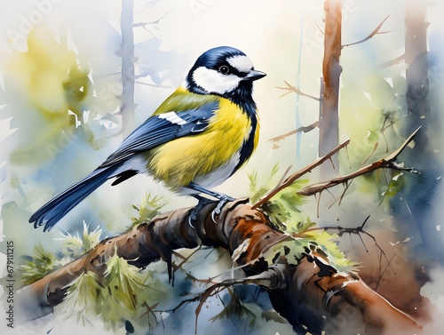 Majestic Woodland Creature: Great Tit in Watercolor