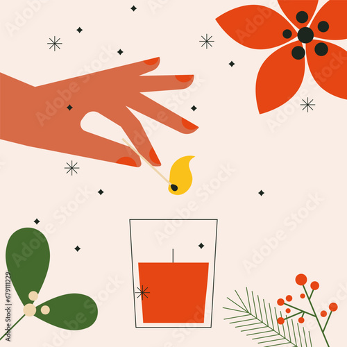 Winter season. Cozy time concept. Hand lighting candle in glass jar. House interior decor, light, flowers. Humans hand holding match stick burning with fire flame and candle. Flat vector illustration.