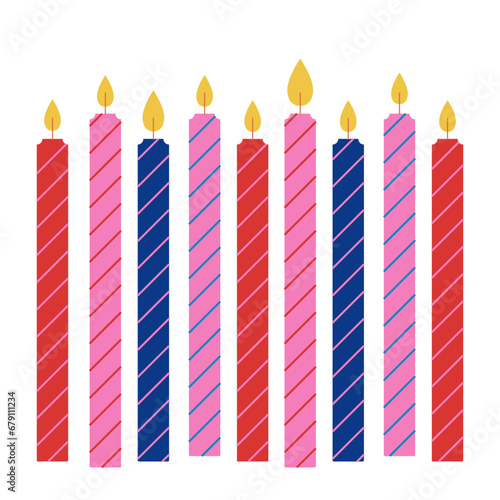 Candles. Festive decoration for Birthday, Christmas, Advent, Halloween, New Year, Festival. Vector set of paraffin or wax candles with fire. Simple vector illustration. Flat trendy abstract style.
