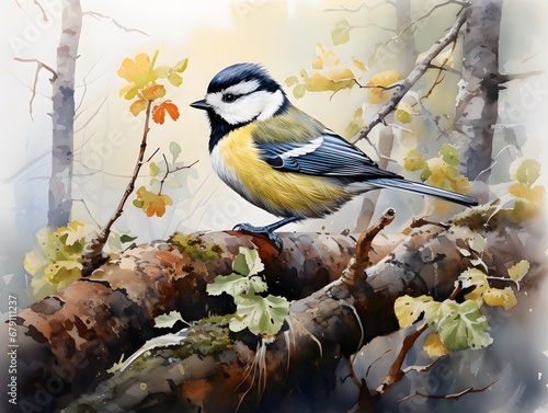 Whimsical Forest Bird: Great Tit in Watercolor