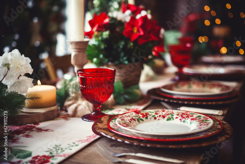Festive dining table set for Christmas dinner. Holiday decorations  wine glasses and tableware. Generative AI