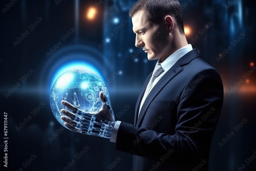 artificial intelligence concept with a man in the middle, illustration artificial intelligence concept with a man in the middle, illustration
