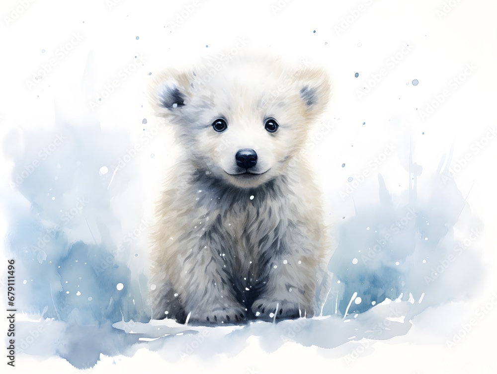 Cute Little Polar Bear: Cartoonlike Watercolor Print with Crosshatched Style