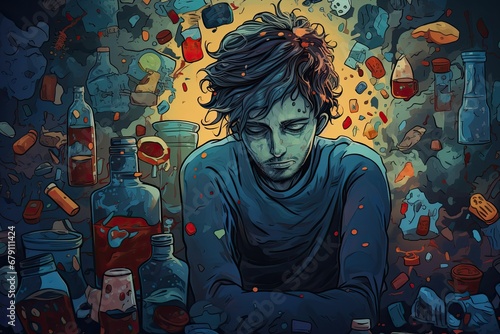 addiction and depression concept, man, illustration photo