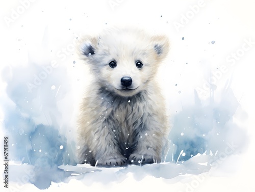 Cute Little Polar Bear: Cartoonlike Watercolor Print with Crosshatched Style © czphoto
