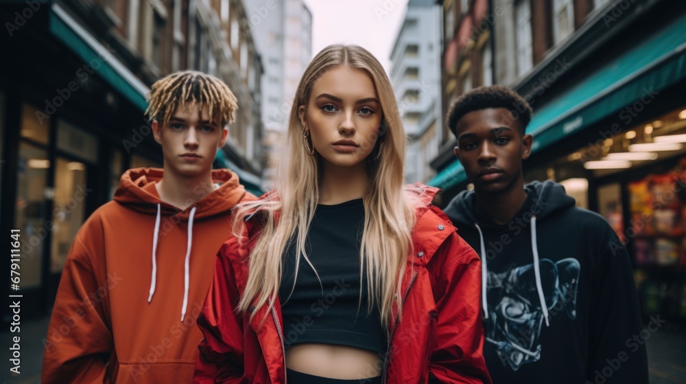 Teenage street fashion and identity concept. A group of teenagers showing off their unique street style, dressed in the latest urban fashion. - obrazy, fototapety, plakaty 