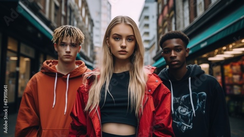 Teenage street fashion and identity concept. A group of teenagers showing off their unique street style, dressed in the latest urban fashion. photo
