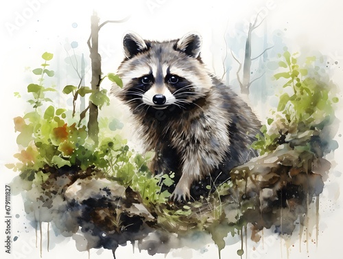 Enchanting Forest: Majestic Raccoon in Watercolor