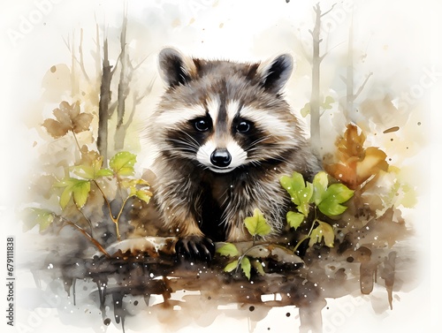 Whimsical Woodland Creature: Raccoon Amidst Nature