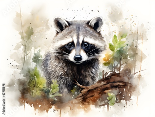 Tranquil Wilderness: Watercolor Raccoon on White