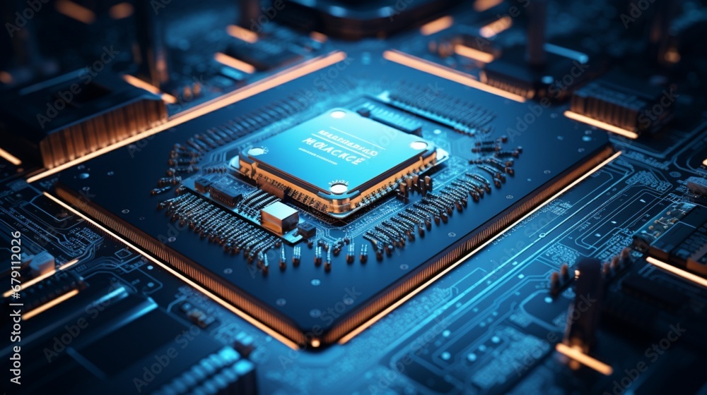 Futuristic motherboard featuring complex microchip integration.