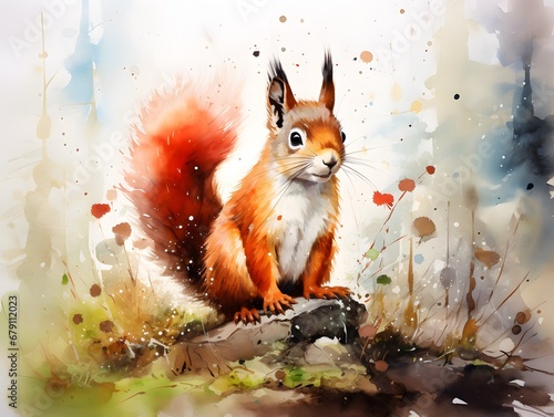 Woodland Wonders: Vibrant Watercolor of a Red Squirrel © czphoto