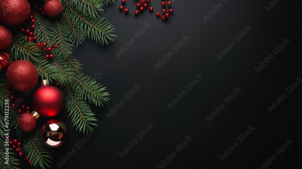 Christmas dark background with fir tree and cones and ornaments, flat lay, top view with copy space