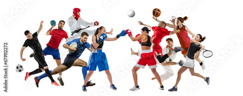 Collage. Different people in motion, sportsmen of diverse sports isolated over white background. Winners. Concept of sport, competition, achievements, event, game. Banner