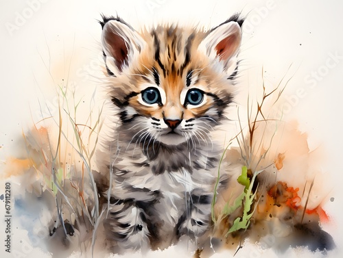 Playful Bobcat Illustration: Whimsical Watercolor Print