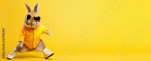 Cool bunny all dressed up with yellow background and copy space, background for easter photo